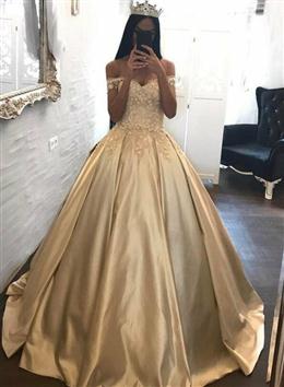 Picture of Champagne Satin Lace Off Shoulder Princess Gown, Ball Gown Sweet 16 Dress